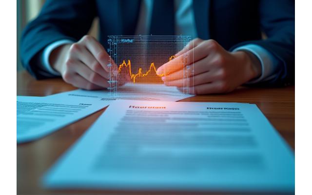Image d'une main tenant une calculatrice affichant des graphiques financiers, avec des documents juridiques en arrière-plan, symbolisant la précision et la stratégie dans la gestion de levées de fonds.