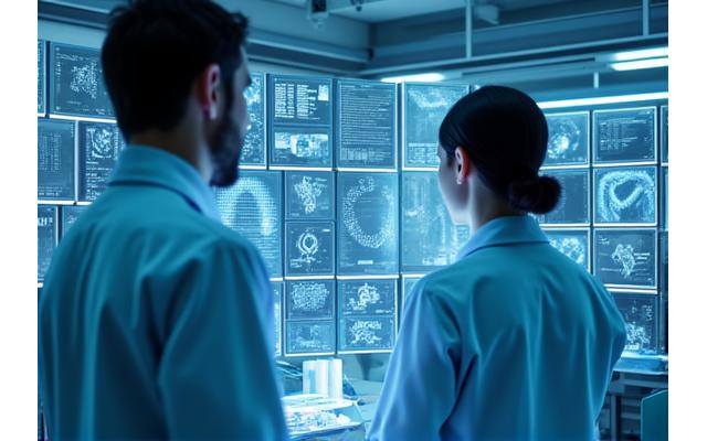 Chercheurs en blouses blanches travaillant dans un laboratoire avec des équipements de pointe